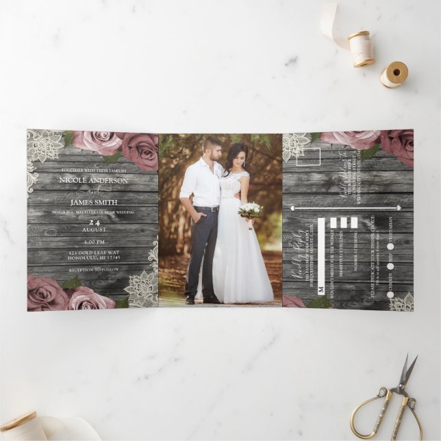 Dusty Rose Roses & Lace Rustic Grey Wood Wedding Tri-Fold Invitation (Inside)