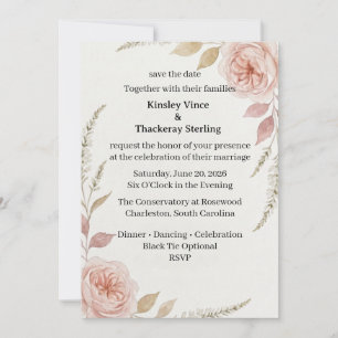 Dusty Rose Roses, Watercolor Foliage, Botanical Li Invitation