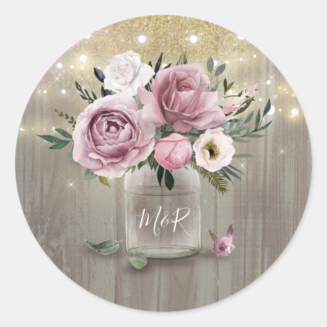 Dusty Rose Rustic Country Floral Mason Jar Classic Round Sticker (Front)