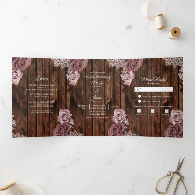 Dusty Rose Rustic Wood Trifold Wedding Program (Inside)