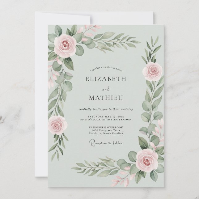 Dusty Rose Sage Floral Wedding Invitation (Front)