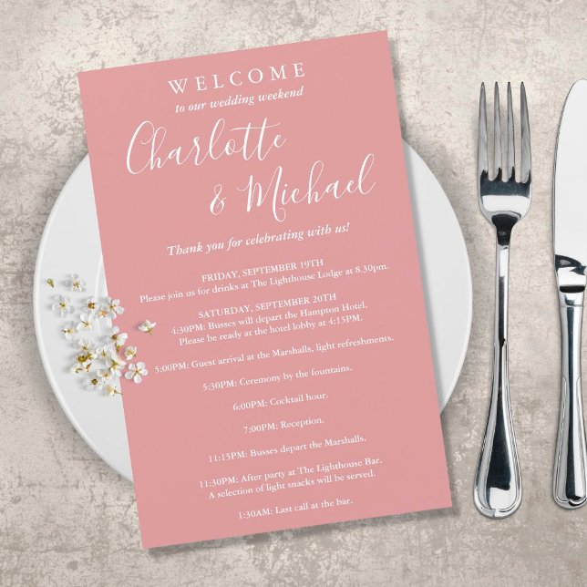 Dusty Rose Script Guest Wedding Weekend Program (Creator Uploaded)