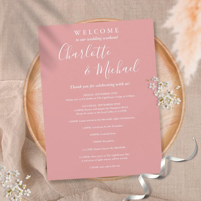 Dusty Rose Script Guest Wedding Weekend Program Invitation (Creator Uploaded)