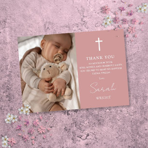 Dusty Rose Script Modern Photo Baptism Christening Thank You Card