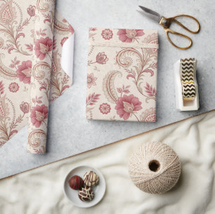 Dusty Rose Scrolls Floral French Toile Wrapping Paper