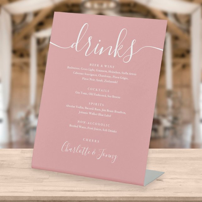 Dusty Rose Signature Script Wedding Drinks Menu Pedestal Sign (Creator Uploaded)