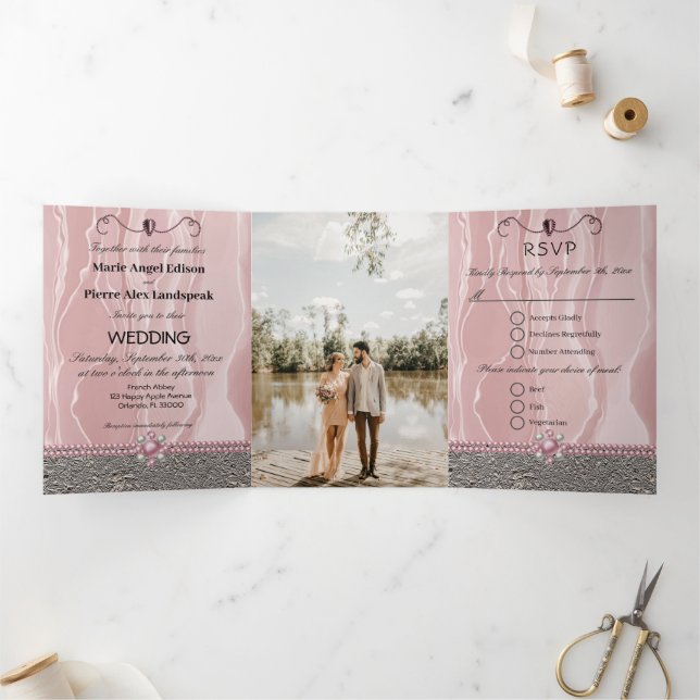 Dusty Rose Silk & Silver Foil & Pearls, Diamond Tr Tri-Fold Invitation (Inside)