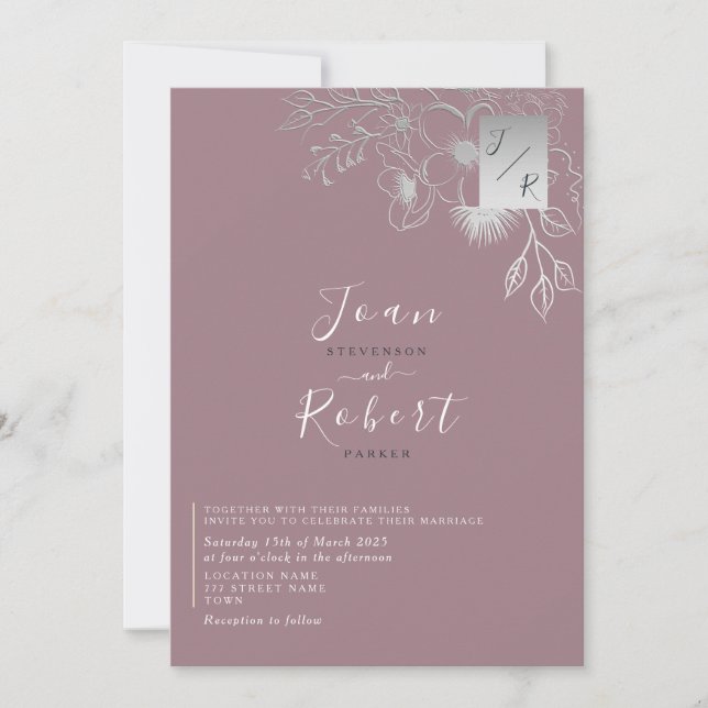 Dusty Rose Silver Floral Wedding Invitation (Front)