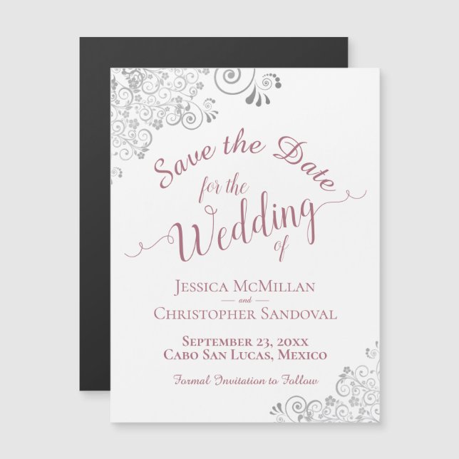 Dusty Rose & Silver Save the Date White Magnet (Front/Back)