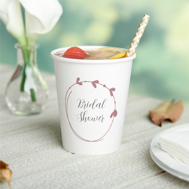 Dusty Rose Simple Heart Wreath Bridal Shower Paper Cups (Insitu)