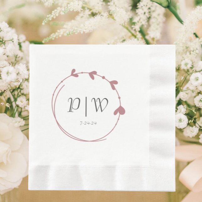 Dusty Rose Simple Heart Wreath Monogram Wedding Napkin (In Situ Wedding)