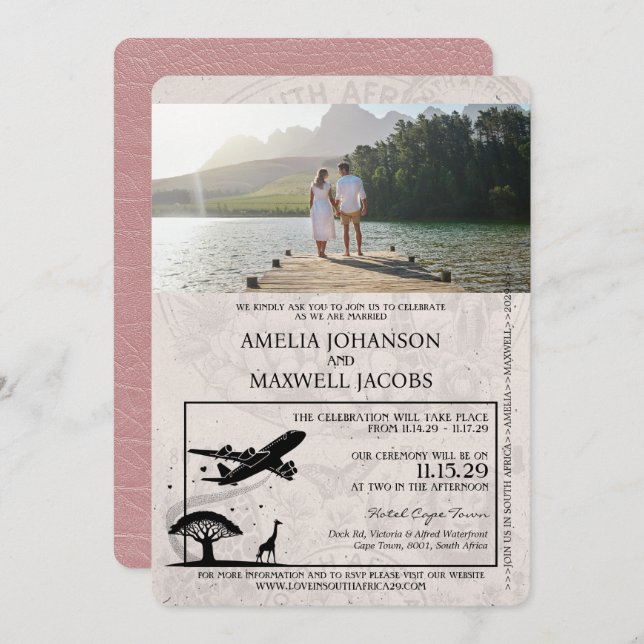 Dusty Rose South Africa Passport Wedding Invitation (Front/Back)