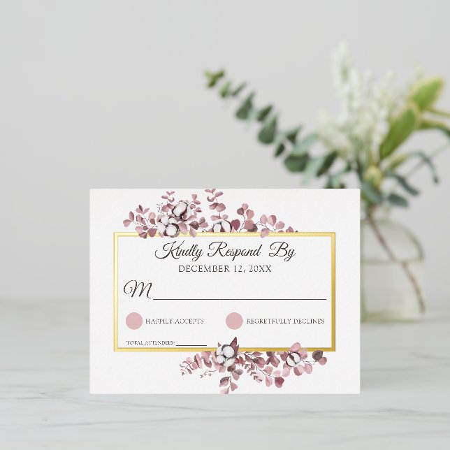 Dusty Rose Southern Cotton Botanical Wedding RSVP Foil Invitation Postcard (Standing Front)