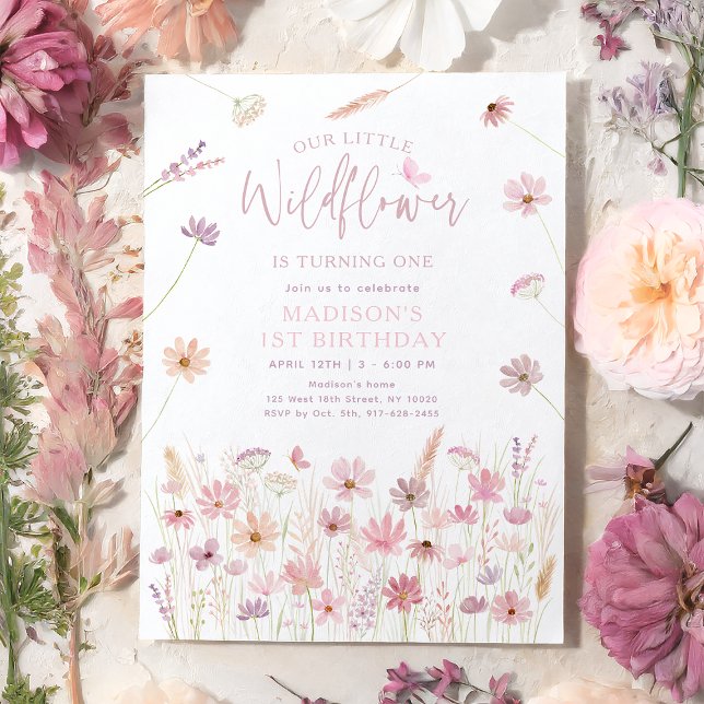 Dusty Rose Spring Wildflowers First Birthday Invitation (Creator Uploaded)
