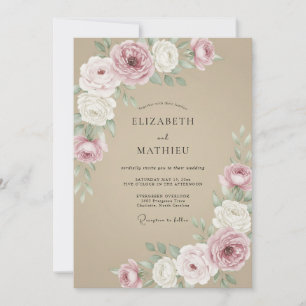 Dusty Rose Taupe Floral Wedding Invitation