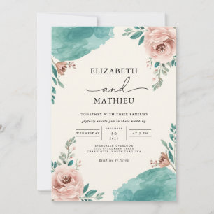 Dusty Rose Teal Floral Flourish Wedding Invitation