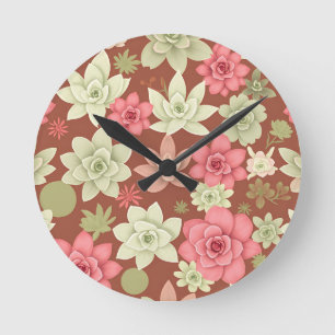 Dusty Rose Terracotta Succulent Echeveria Floral Round Clock