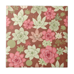 Dusty Rose Terracotta Succulent Echeveria Floral Tile