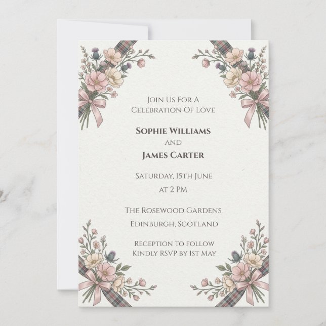 Dusty Rose Thistle Tartan Bow Scottish Wedding Inv Invitation (Front)