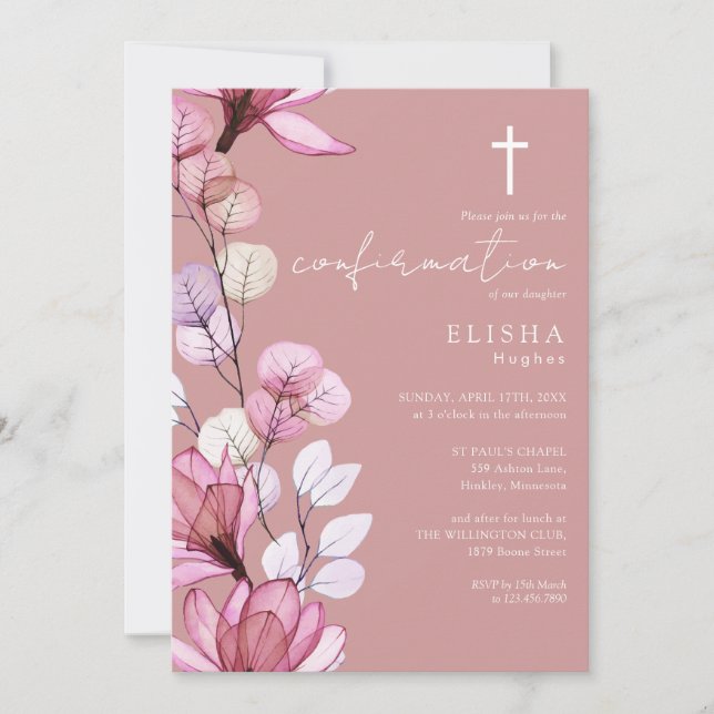 Dusty Rose Transparent Floral Confirmation Invitation (Front)