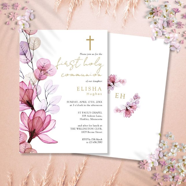 Dusty Rose Transparent Floral First Holy Communion Invitation (Dusty Rose Transparent Floral First Holy Communion Invitation)