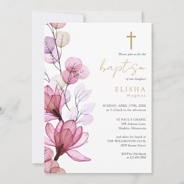 Dusty Rose Transparent Floral Monogram Baptism Invitation (Front)