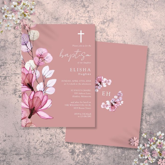 Dusty Rose Transparent Floral Monogram Baptism Invitation (Dusty Rose Transparent Floral Monogram Baptism Invitation)