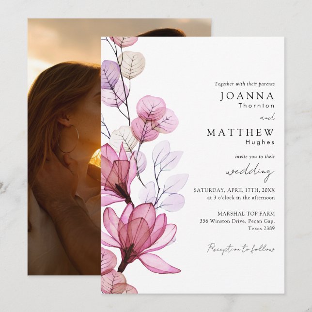 Dusty Rose Transparent Floral Photo Wedding Invitation (Front/Back)