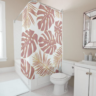 Dusty rose tropical leaves with gold outline shower curtain