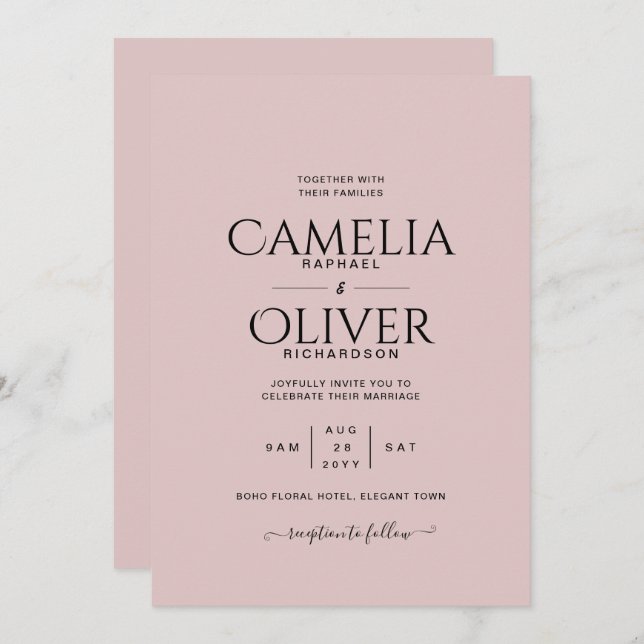 Dusty Rose Typography Only Wedding Invitation (Front/Back)