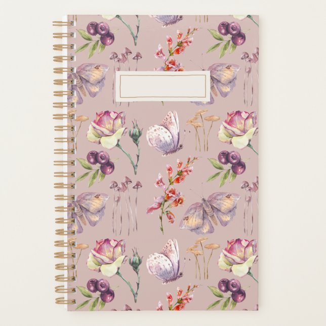 Dusty Rose Vintage Botanical Mushroom Butterfly Planner (Front)