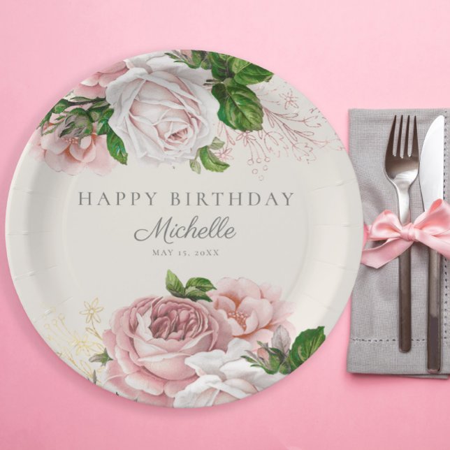 Dusty Rose Vintage Floral Women's Birthday  Paper Plate (Blush pink vintage floral custom paper plates)