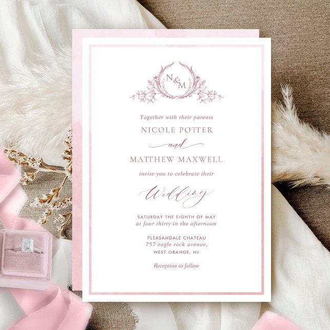 Dusty Rose Watercolor Elegant Monogram Wedding Invitation (Creator Uploaded)