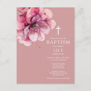 Dusty Rose Watercolor Floral Baptism Invitation Postcard