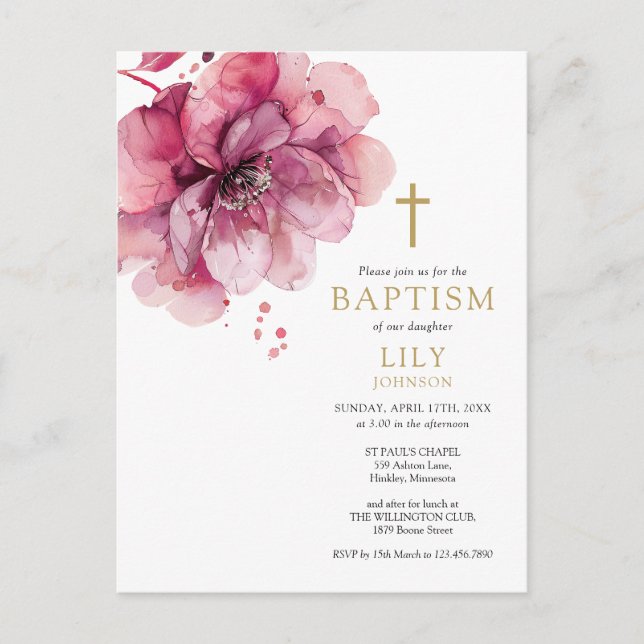 Dusty Rose Watercolor Floral Baptism Invitation Postcard (Front)