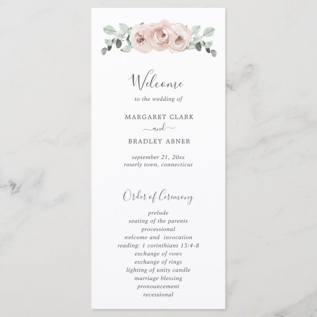 Dusty Rose Watercolor Floral Elegant Wedding Programme (Front)