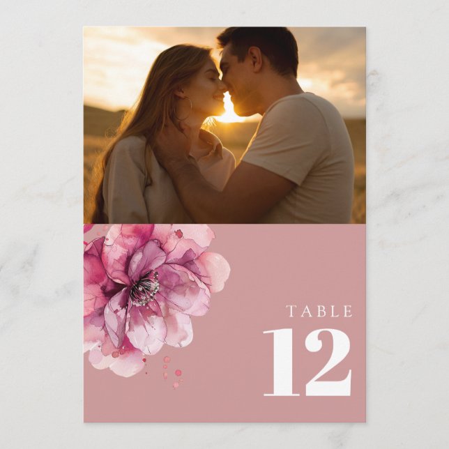 Dusty Rose Watercolor Floral Photo Table Number (Front)