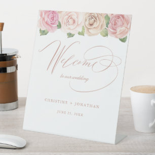 Dusty Rose Watercolor Floral Wedding Welcome Pedestal Sign