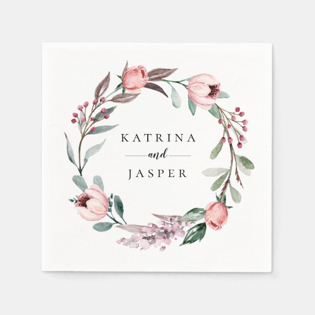 Dusty Rose Watercolor Floral Wreath Napkin (Front)