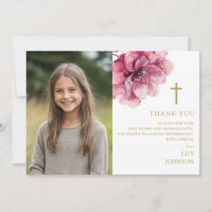 Dusty Rose Watercolor Flower Photo Confirmation Thank You Card