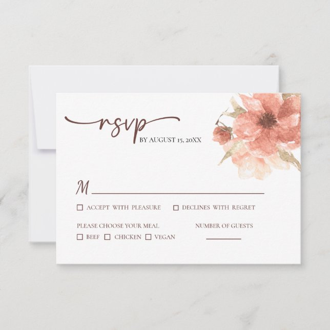 Dusty Rose Watercolor Flower Wedding RSVP Card (Front)