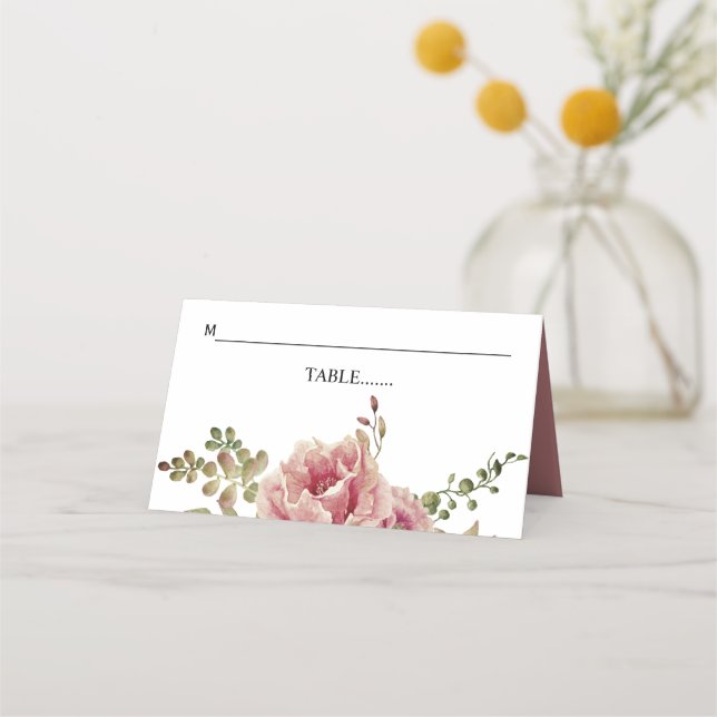 Dusty rose watercolor flowers and leaves wedding place card (Front)
