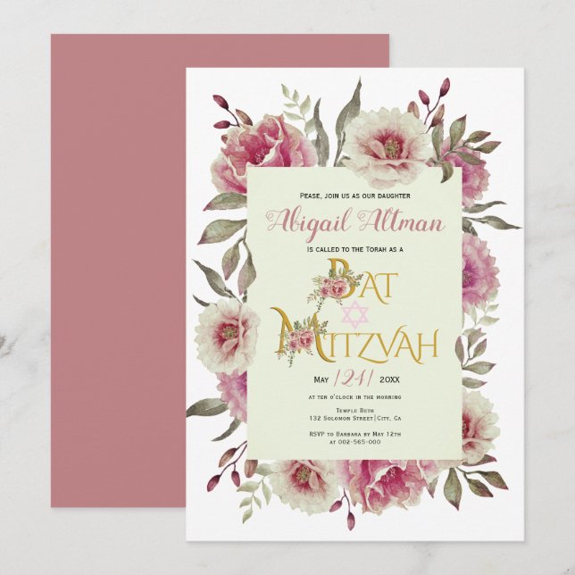 Dusty rose watercolor flowers floral Bat Mitzvah  Invitation (Front/Back)
