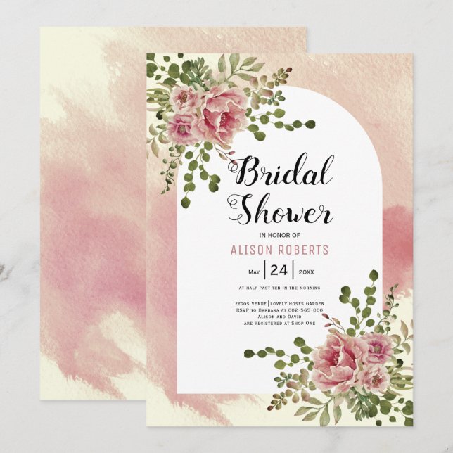 Dusty rose watercolor flowers floral bridal shower invitation (Front/Back)