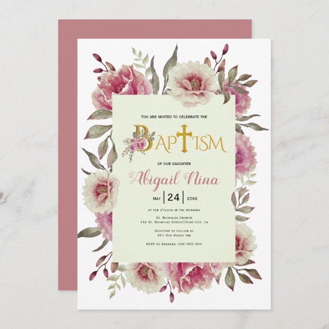 Dusty rose watercolor flowers girl floral baptism  invitation (Front/Back)