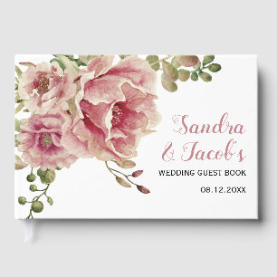 Dusty rose watercolor flowers, typography wedding guest book
