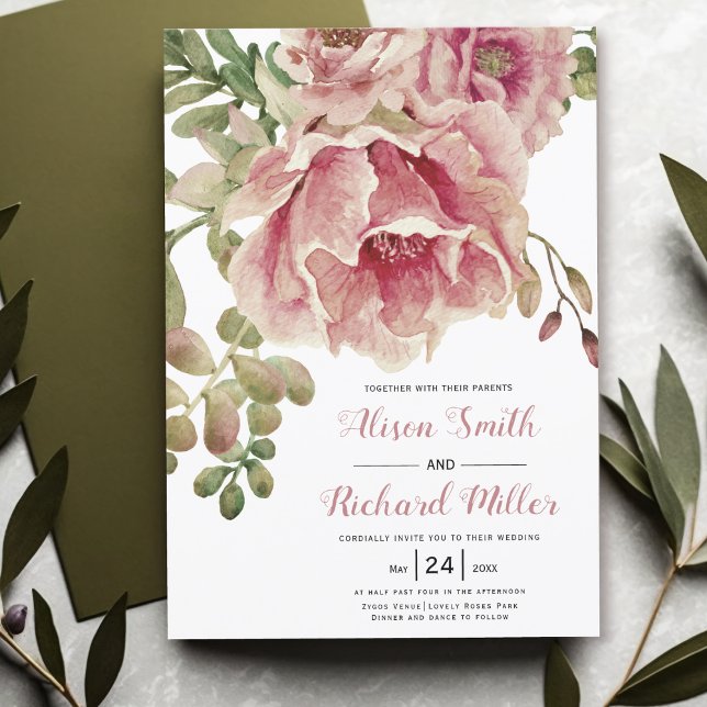 Dusty rose watercolor flowers, typography wedding  invitation (Creator Uploaded)