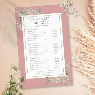 Dusty Rose Watercolor Greenery Salon Service Menu