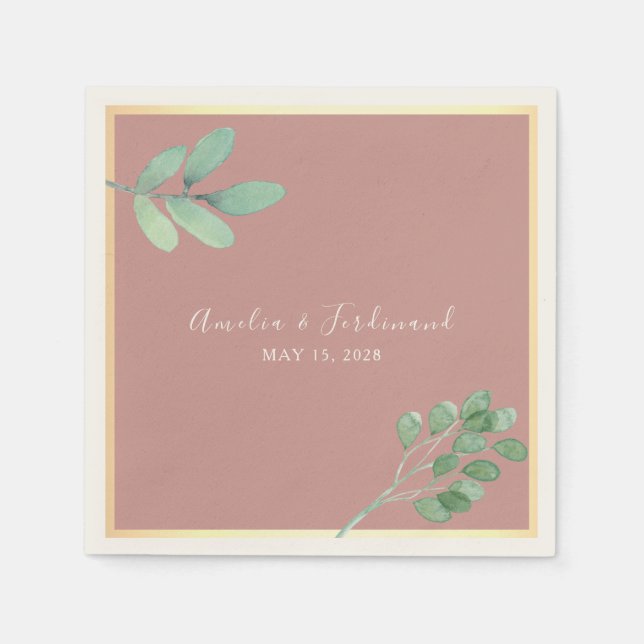 Dusty Rose Watercolor Greenery Wedding Napkins (Front)