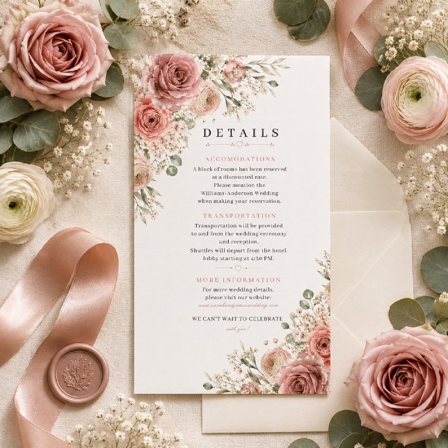 Dusty Rose Wedding Details Card (Elegant flat lay showcasing our Dusty Rose Romance Details Card on premium cardstock.)